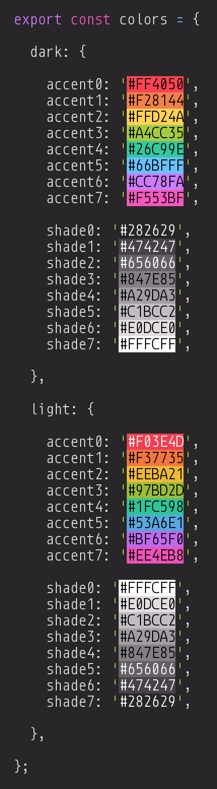 screenshot of color definitions